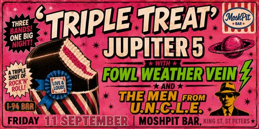 MoshPit Triple Treat with Jupiter 5., Fowl Weather Vein and The Men From UNCLE